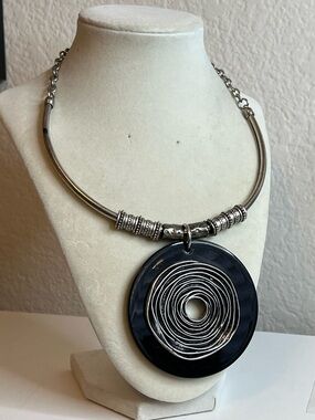 Chunky silver tone torque with black silver large acrylic pendant 24”